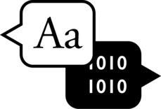 Two speech bubbles: one with “Aa” and one with binary digits 1010 overlaid.